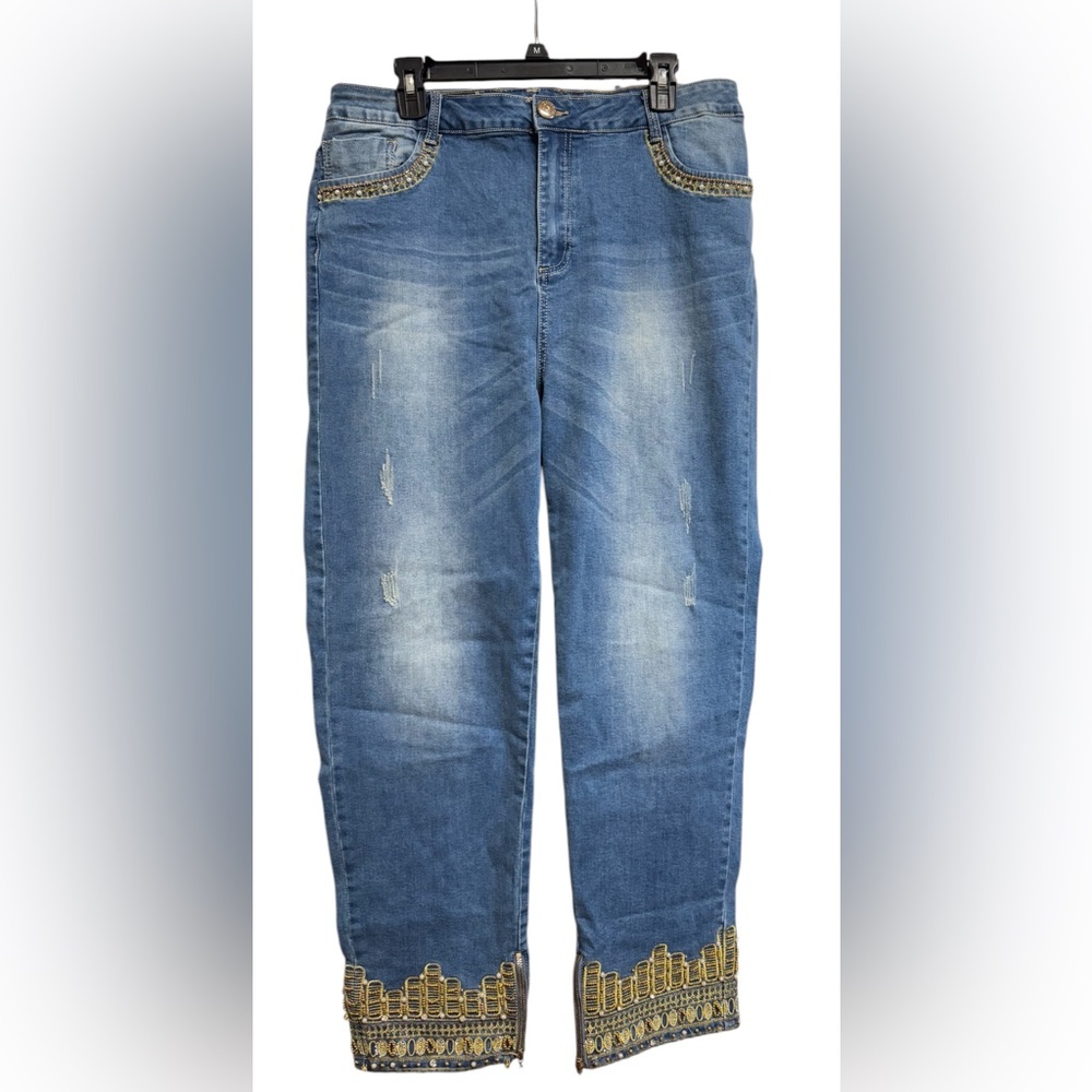 Like new! TESORO MODA BLING BLING RHINESTONES PEARLS SILVER SEQUINS DENIM JEANS